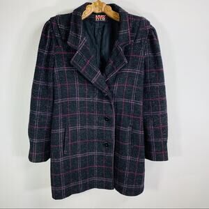 Vintage Black Purple Plaid Wool Coat Medium